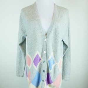 ERDUS gray argyle diamond plaid CASHMERE CARDIGAN SWEATER S